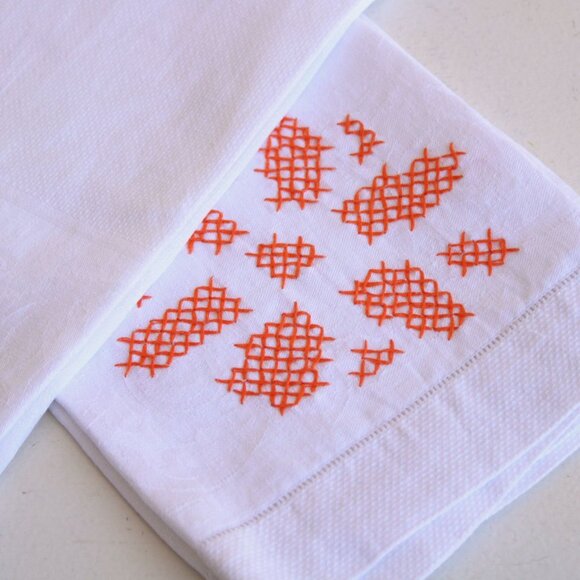 Vintage White Linen Damask Towels With Orange Cross Stitch, Set Of Hand Towel - Picture 3 of 13
